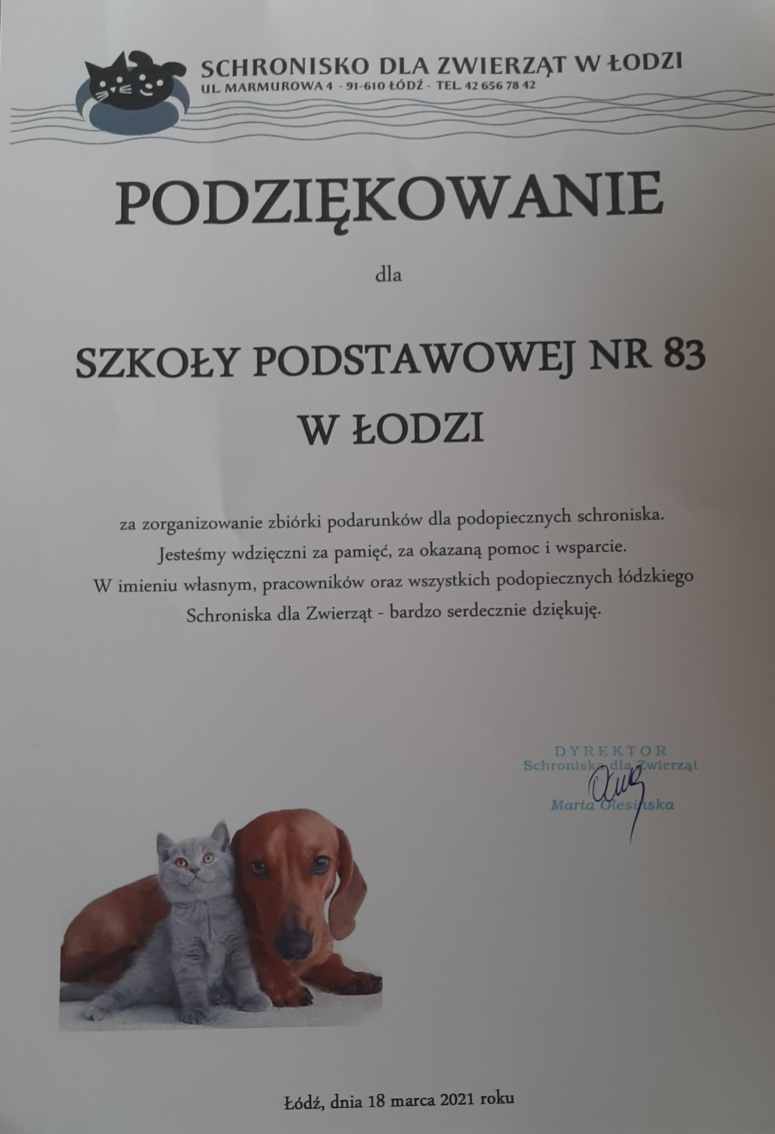 Podziękowanie dla Szkoły Podstawowej nr 83 za zorganizowanie zbiórki podarunków dla podopiecznych schroniska.