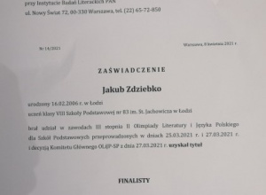 Sukces ucznia Jakuba Zdziebko