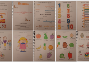 Kolorowe kartki z hiszpańskiego słowniczka obrazkowego wykonane przez uczniów