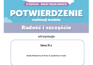 Certyfikat dla klasy II a potwierdzający realizację I modułu projektu.