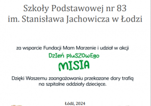 Podziękowanie dla Szkoły Podstawowej nr 83 za udział w akcji „Podaruj uśmiech dzieciom ze szpitali.”