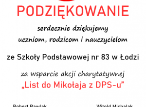 Podziękowanie za udział w akcji List do Mikołaja z DPS-u