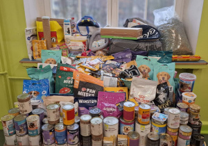 Sala lekcyjna, karma i akcesoria dla bezdomnych zwierząt zgromadzone podczas zbiórki w naszej szkole