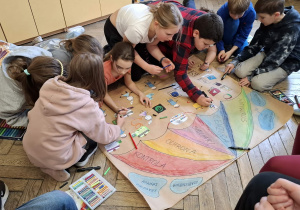 Sala lekcyjna, uczniowie podczas wspólnej pracy i przygotowywania plakatu o bezpieczeństwie w Internecie.