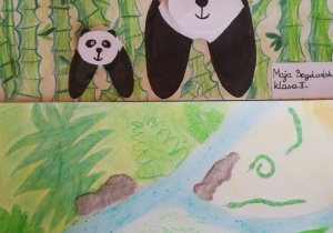 kolaż dwóch zdjęć przedstawiających prace plastyczne dzieci "Pandy" i "Papugi"